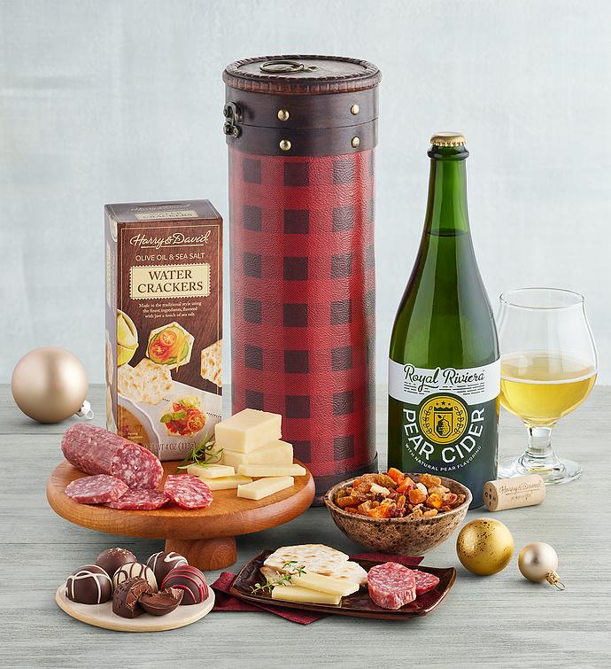 Holiday Snacks with Pear Cider and Plaid Bottle Tote